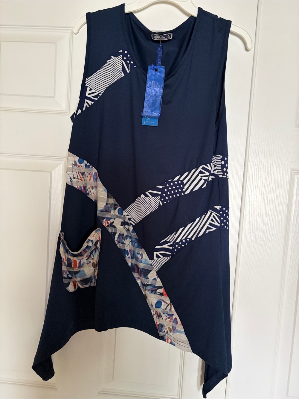 Alfani Navy Sleeveless Tunic with White & Multicolor Graphic Insets